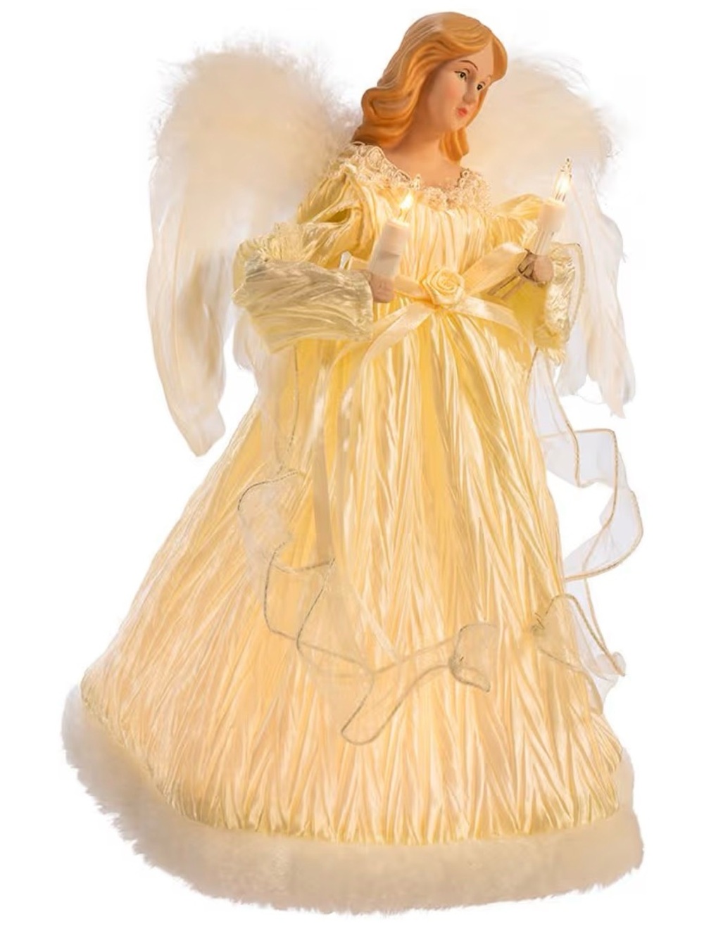 Kurt Adler Cream and Gold Angel Tree Topper with Lit Candles